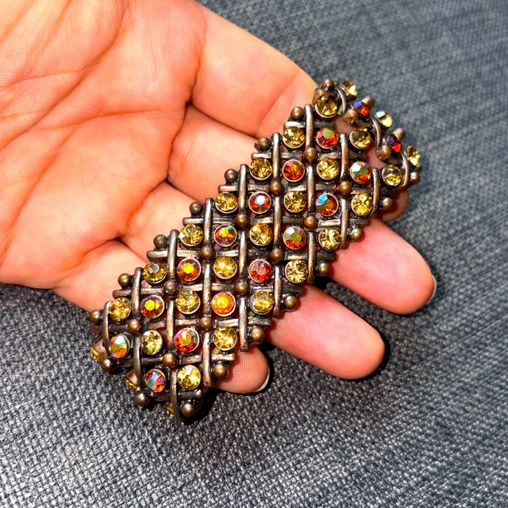 Gorgeous Amber Jeweled Chunky Statement Stretch Bracelet Coppertone